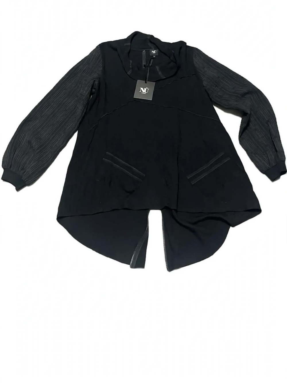 NÜ Denmark NWT Nia Tunic Style 7400-26 Black Cowl Neck Zipper Back Sheer Sleeve